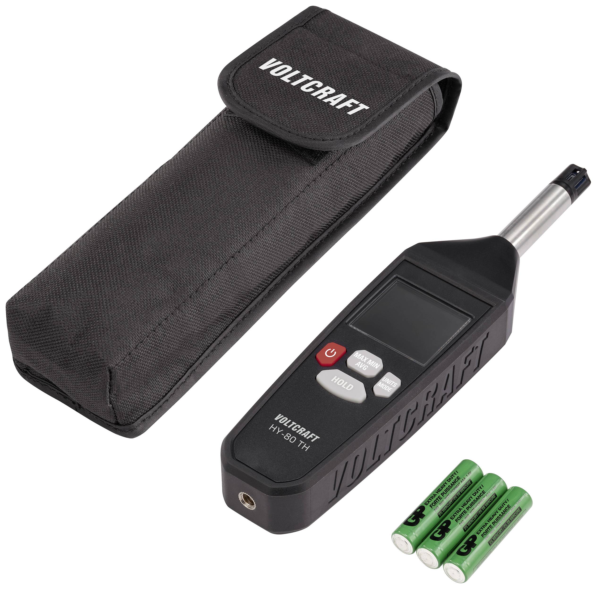 Tragbares Messgerät mit Bildschirm und Tasten für Feuchtigkeit und Temperatur, neben drei Batterien und schwarzer Schutzhülle.