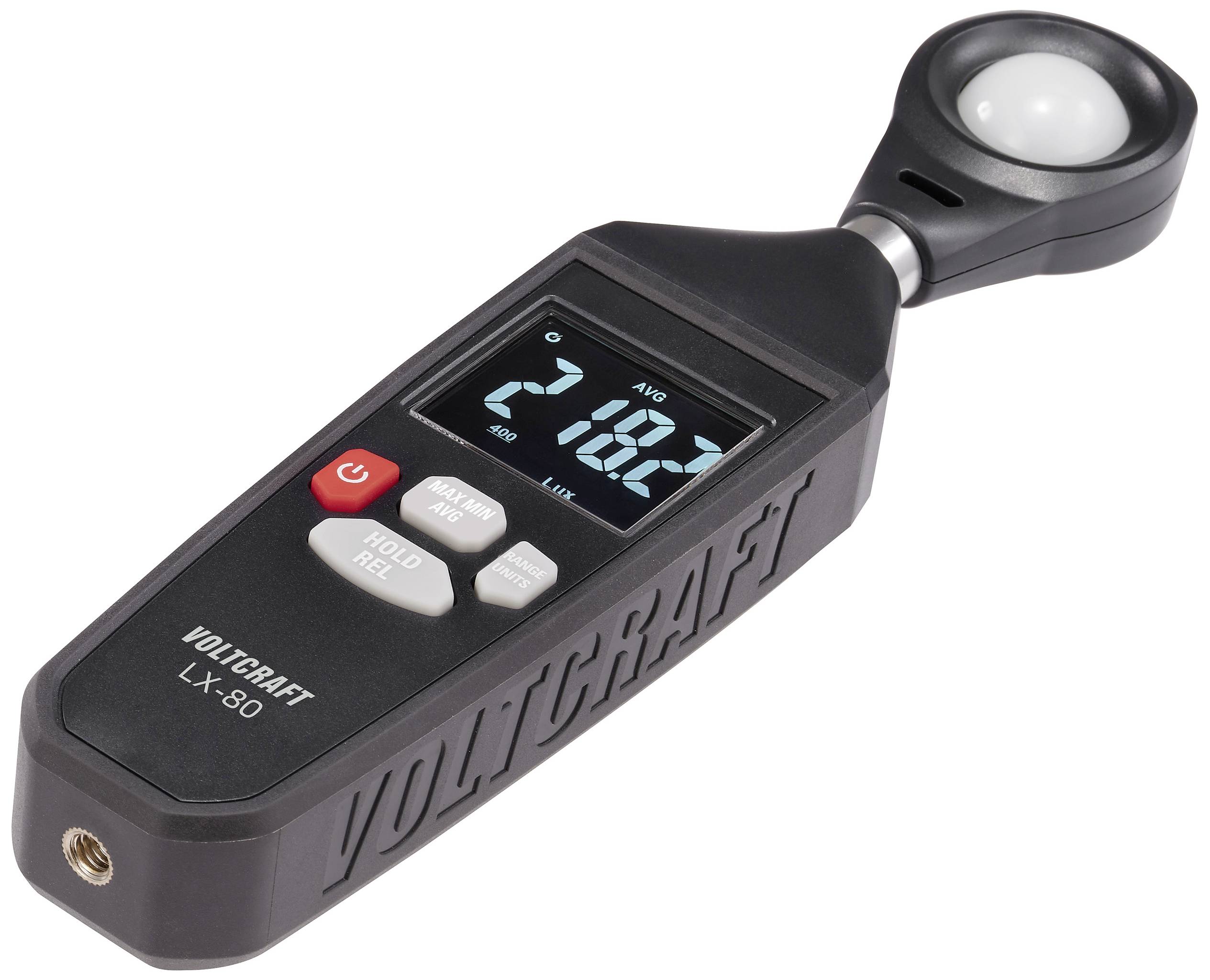 Ein digitales Luxmeter zur Messung der Lichtstärke, mit Display, Tasten und Sensor. Gerät zeigt Wert '21.002 Lux' an.