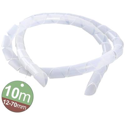 Spiralförmige Kabelschlauch, transparent, 10 Meter lang, Durchmesser 12-70mm, zur Bündelung von Kabeln, auf weißem Hintergrund.