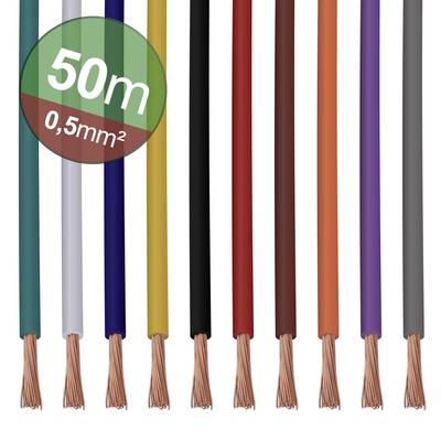 Bunte, isolierte Kupferdrähte nebeneinander, markiert mit '50m 0,5mm²', die verschiedene Farben und Längen anzeigen.