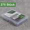'275 Stück' Schraubenset in grauer Plastikbox auf grauem Hintergrund. Boxetikett zeigt Produktinformationen und Barcodes.