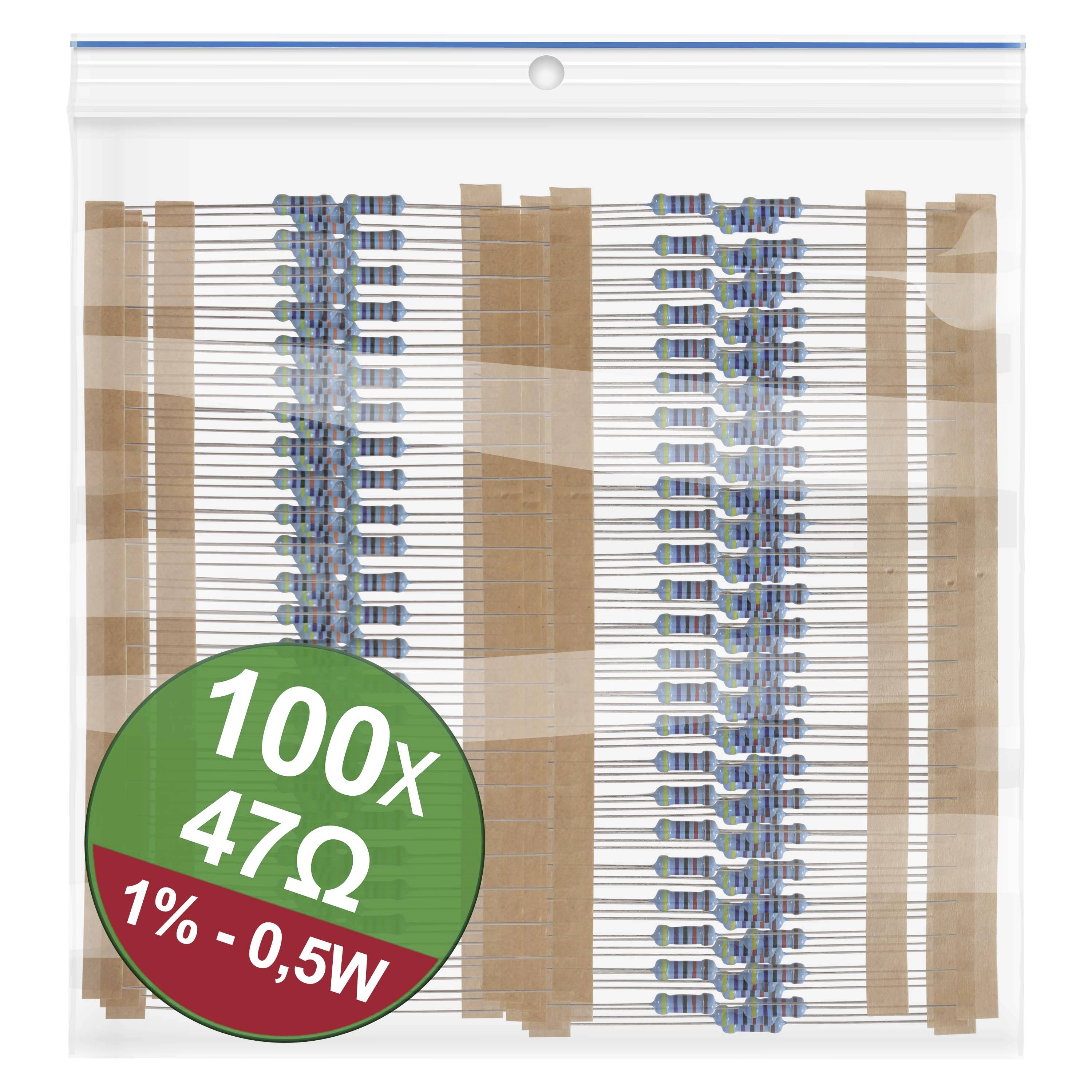 Durchsichtige Tüte mit 100 Widerständen, 47 Ohm, 1% Toleranz, 0,5 Watt.