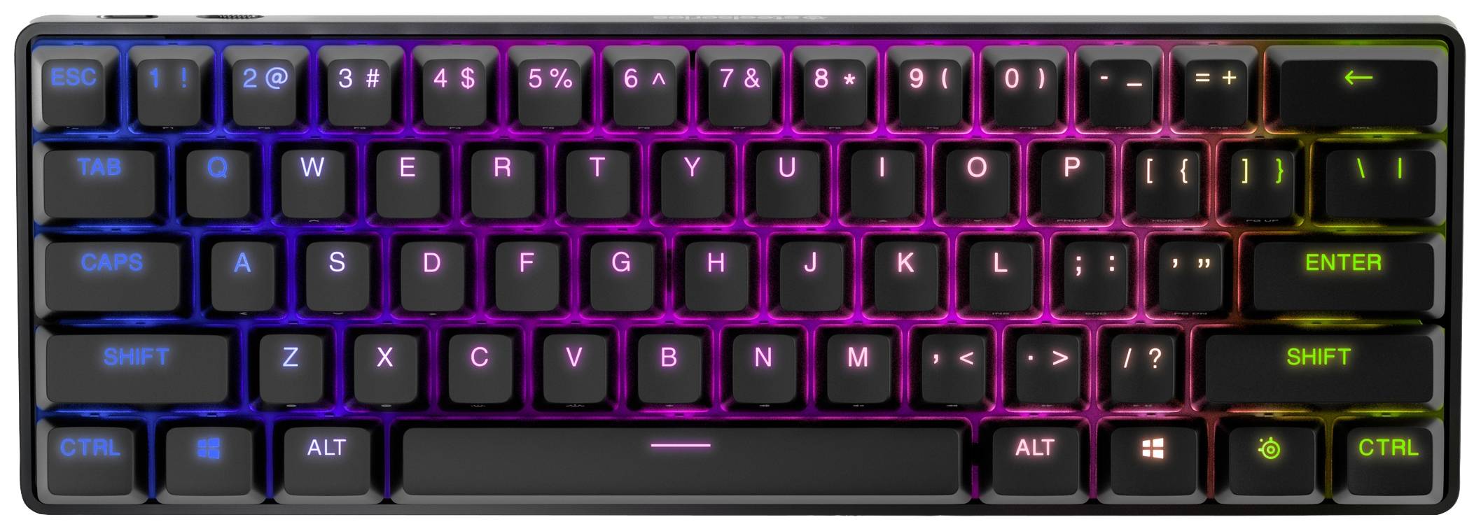 Beleuchtete mechanische Tastatur in kompakter Bauform mit RGB-Hintergrundbeleuchtung. Tasten sind in Regenbogenfarben beleuchtet.