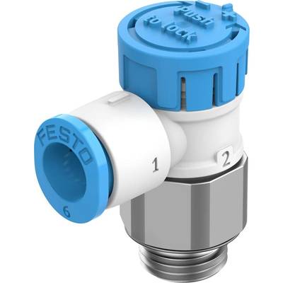 Ventil mit blauer und weißer Kunststoffkappe, Metallgewinde unten. Markierungen: 'Festo', 'Push', 'To Unlock', '1', '2', '6'.