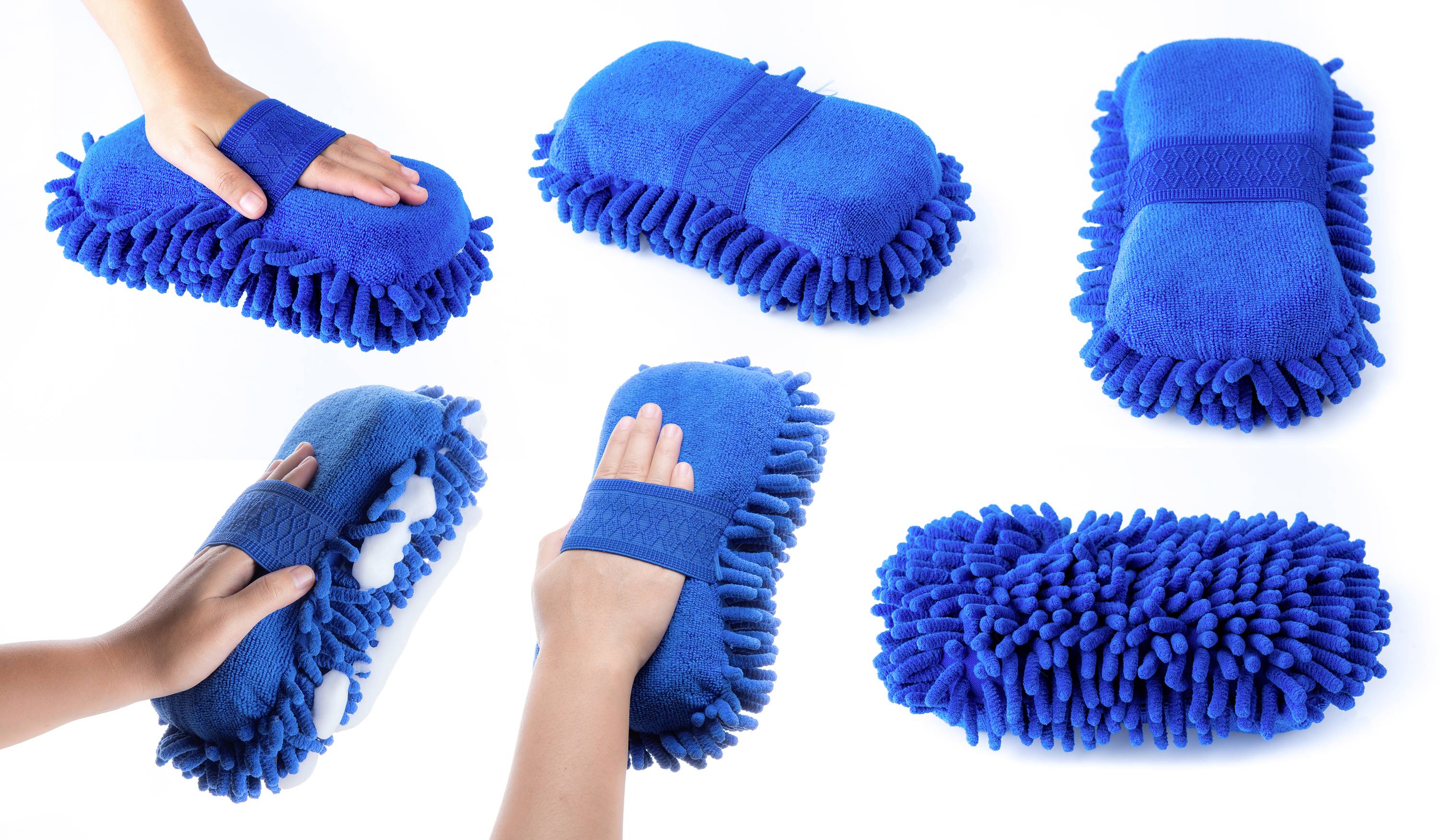 Mehrere blaue Mikrofaser-Handtücher mit Handschlaufe, gezeigt in verschiedenen Positionen. Geeignet zum Reinigen und Staubwischen.