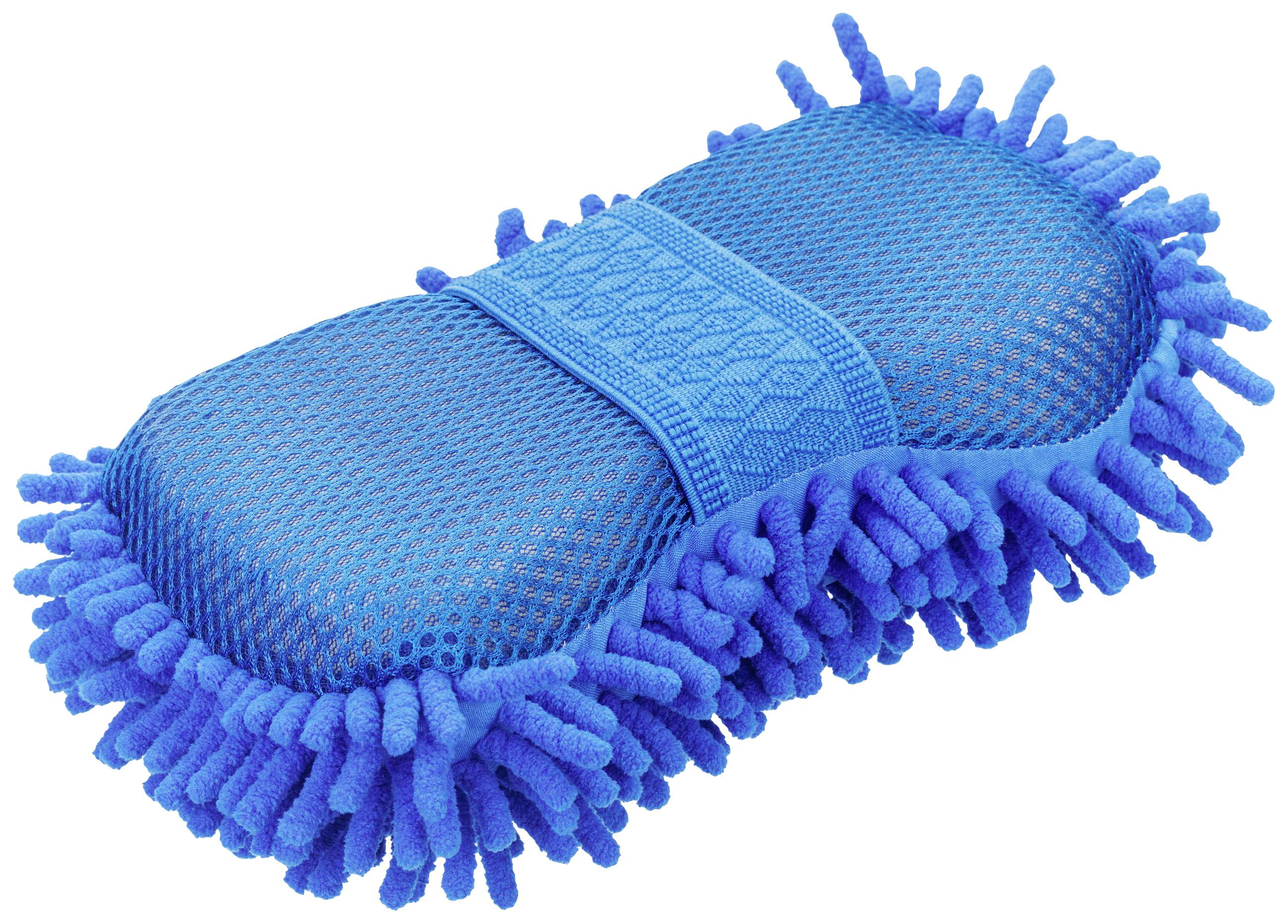 Blauer doppelseitiger Mikrofaser-Schwamm mit Fransen, ideal für Autowäsche und Reinigung.