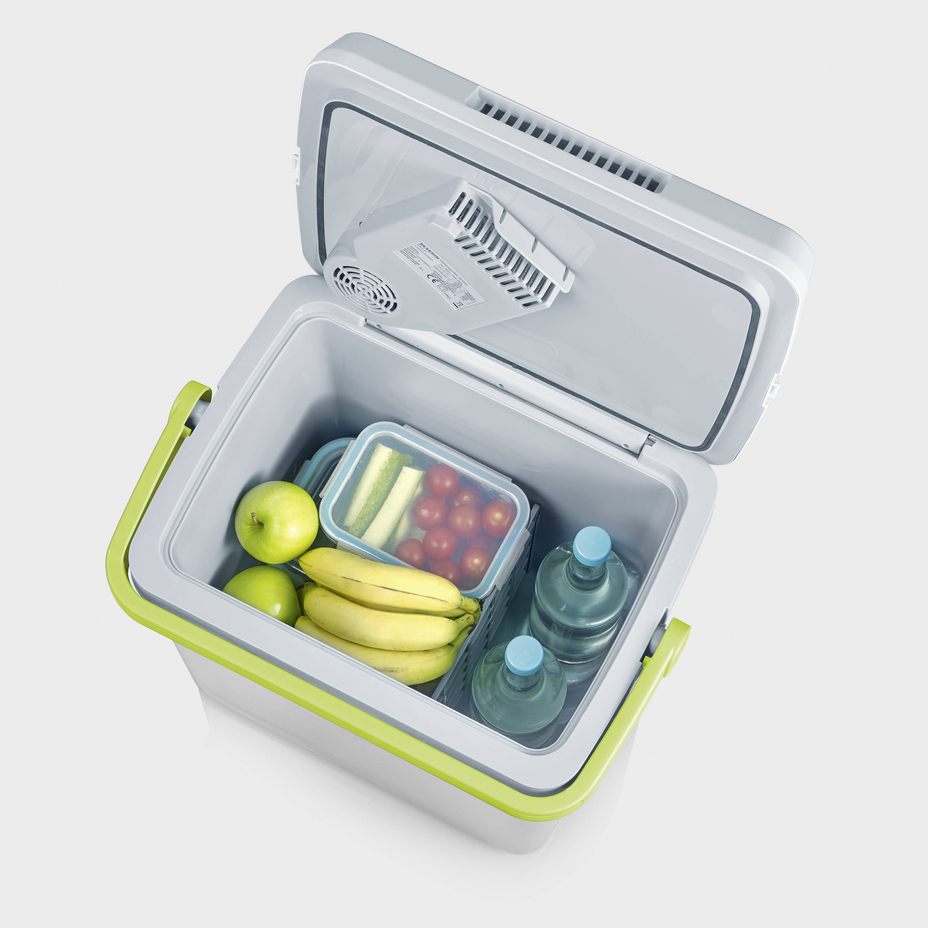 Offene Kühlbox mit zwei Flaschen Wasser, Bananen, Äpfeln und Tomaten. Lebensmittel ordentlich angeordnet im Plastikbehälter.