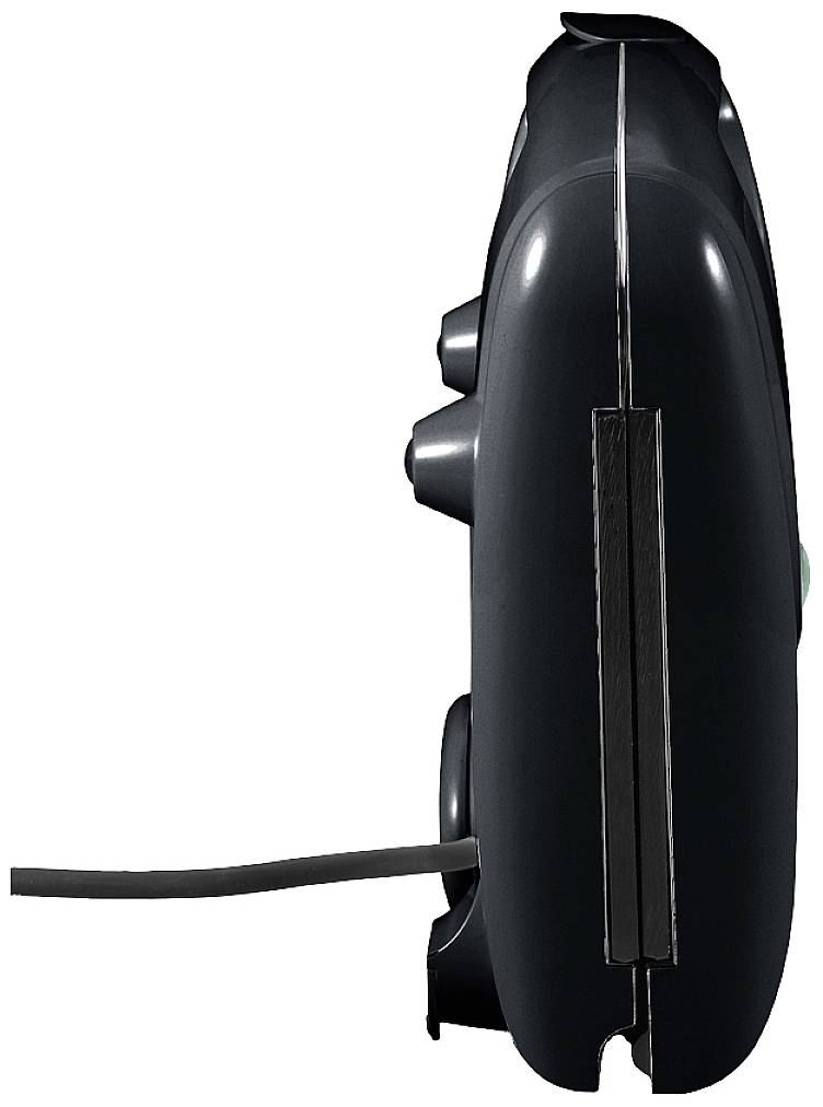 Eine Seitenansicht eines Gamecontrollers mit Kabel, einige Knöpfe und Steuerelemente sind sichtbar.