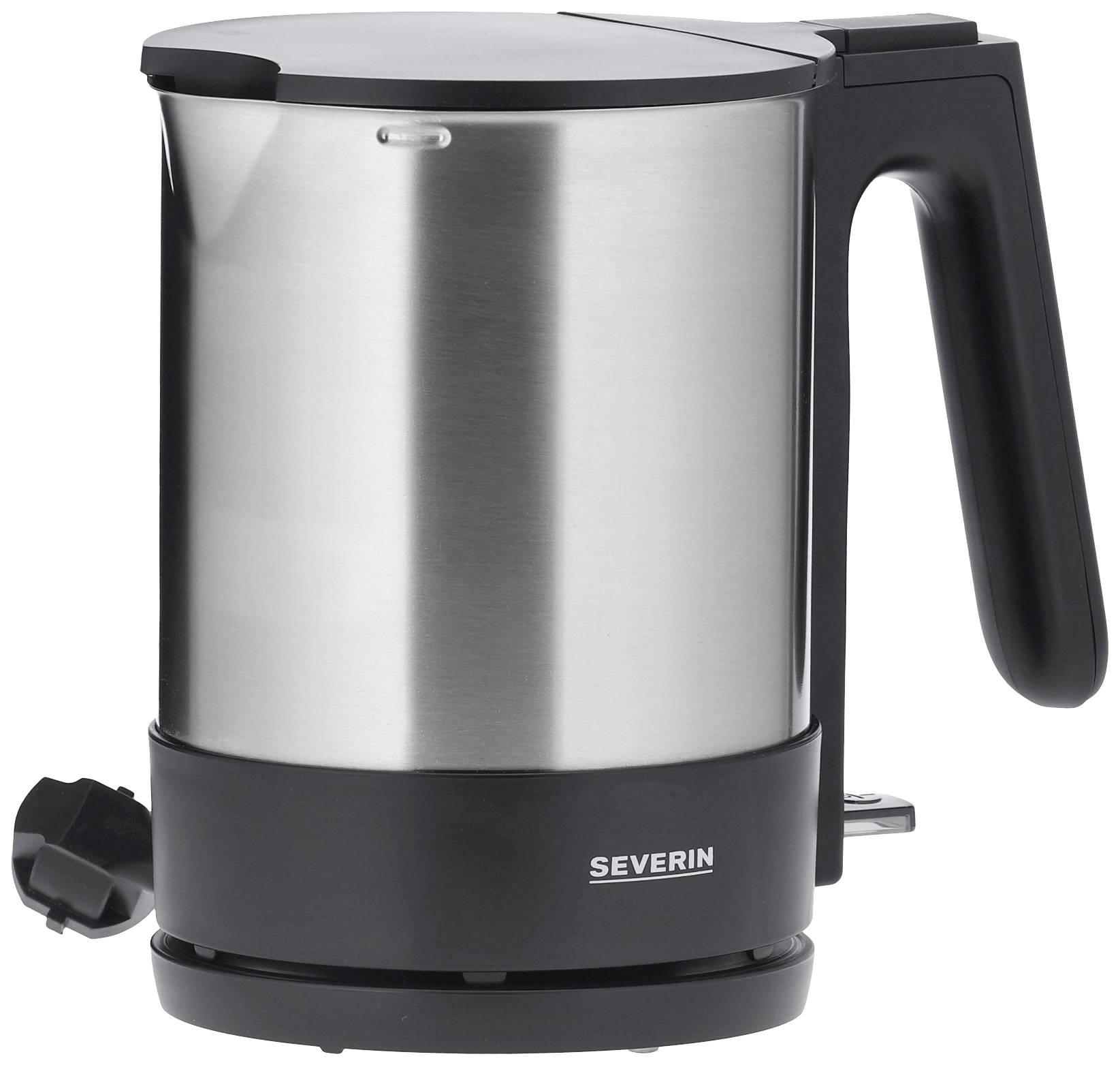 'Severin Wasserkocher aus Edelstahl mit schwarzem Griff und Basis. Modernes Design für effizientes Erhitzen von Wasser.'