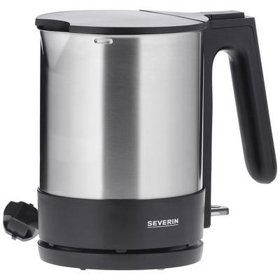 'Severin Wasserkocher aus Edelstahl mit schwarzem Griff und Basis. Modernes Design für effizientes Erhitzen von Wasser.'