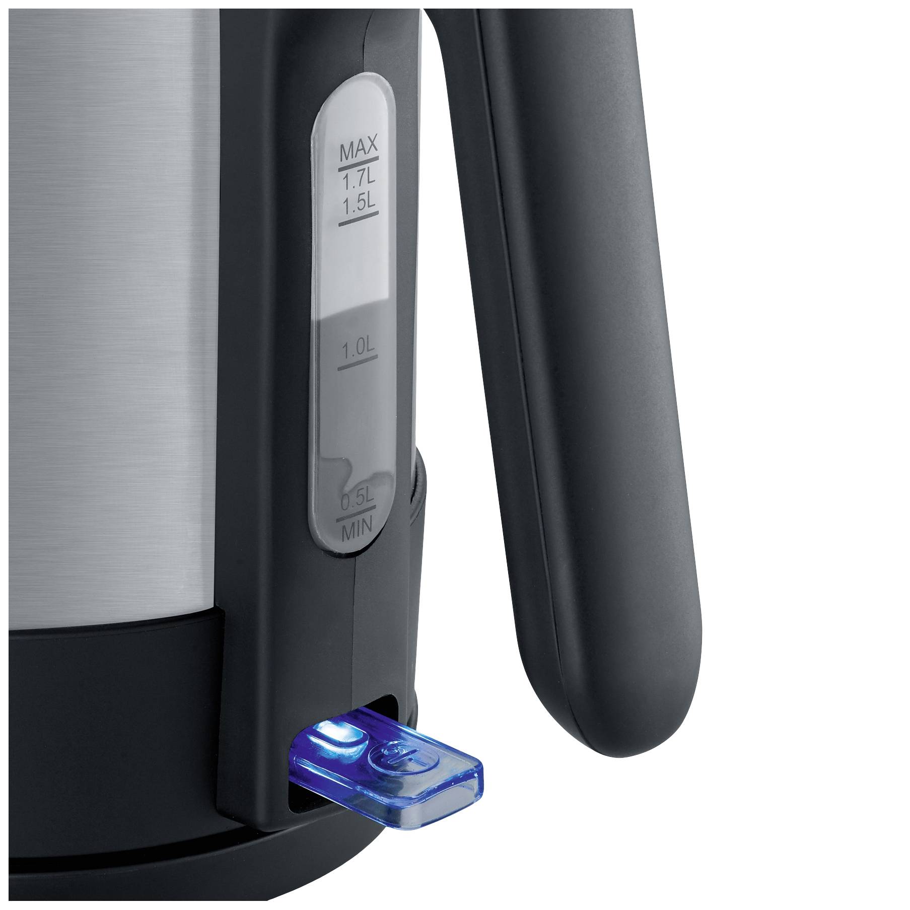 Ein Wasserkocher mit einer Skala zur Anzeige des Wasserstands, ein blauer leuchtender Schalter ist sichtbar.