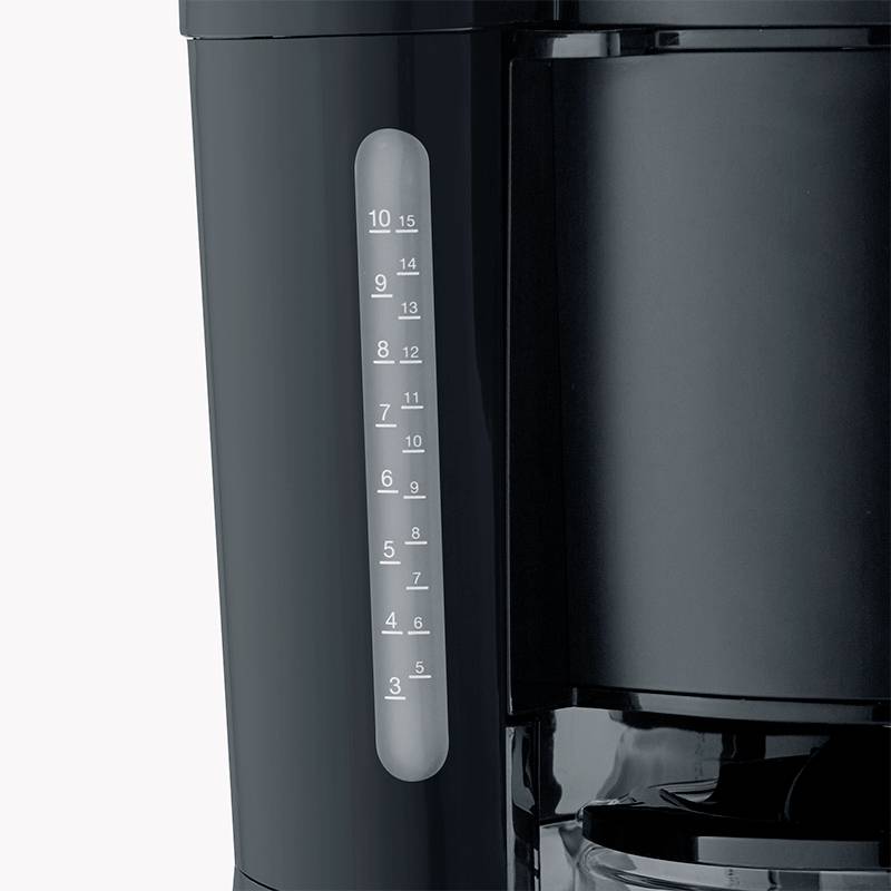 Kaffeemaschine mit sichtbarem Wasserstandsbehälter, der maximal 10 Tassen anzeigt.