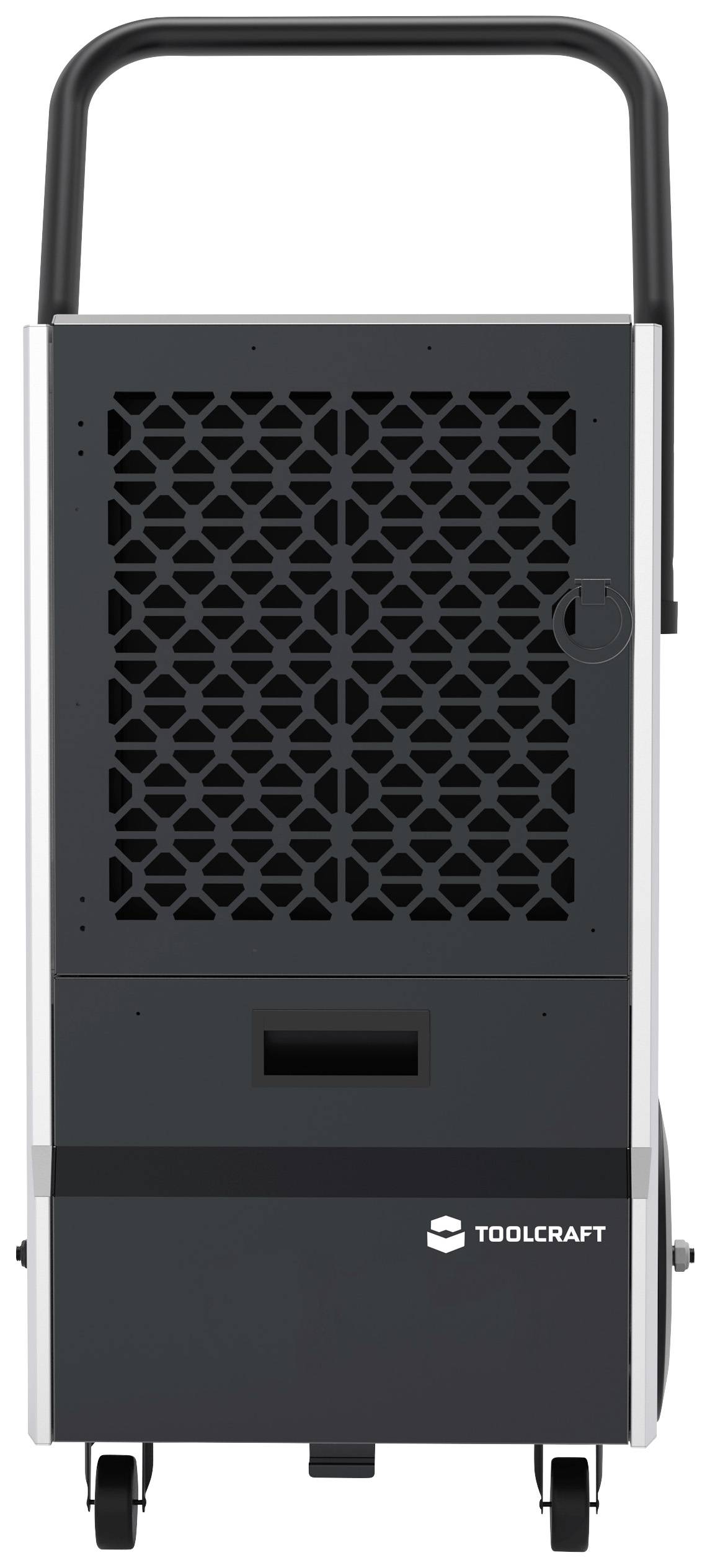Ein tragbarer Luftentfeuchter von Toolcraft mit Griff und Rollen, schwarz-silbernes Design. 