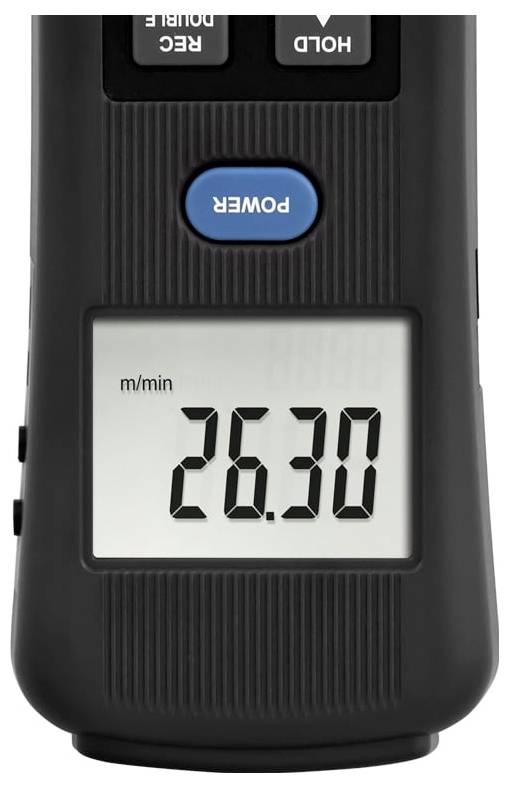 Digitales Geschwindigkeitsmessgerät zeigt 26,30 m/min an, mit sichtbaren Stromversorgung- und Halteschaltern.