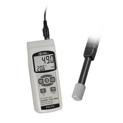 Tragbares PCE-3135 Feuchte- und Thermometer mit Anzeige von 49,0% relative Luftfeuchte und 20,6°C, mit daneben gezeigtem Fühlersensor.