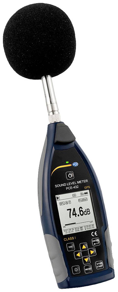 Ein Schallpegelmessgerät zeigt einen Wert von 74,6 dB an. Es hat ein Mikrofon mit Schaumstoffabdeckung und ein digitales Display.