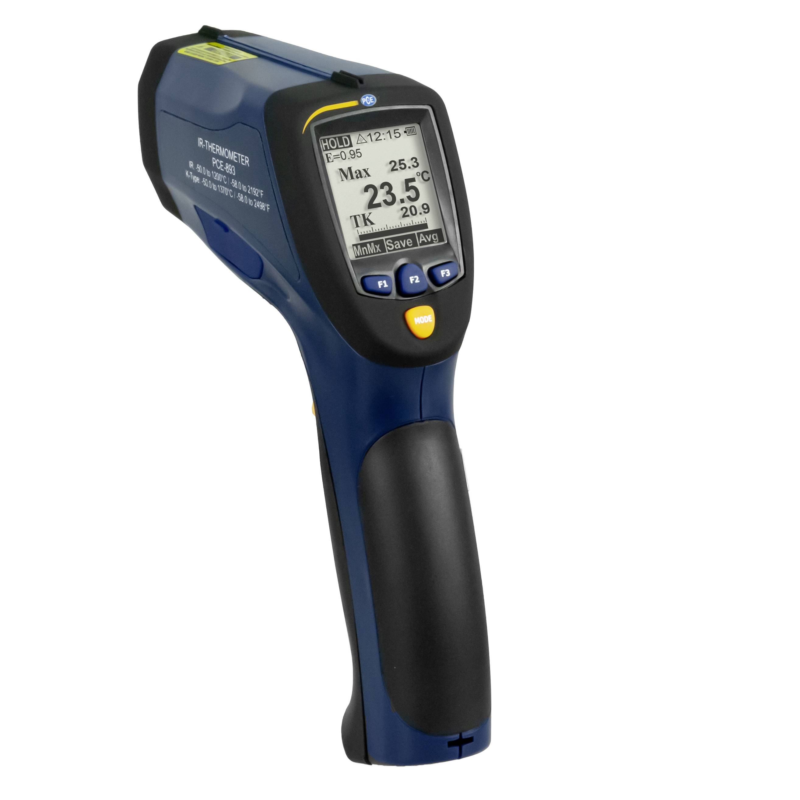 Tragbares Infrarot-Thermometer-Pistolenmodell mit digitalem Display, das eine Messung von 23,5 °C anzeigt und einen Maximalwert von 25,3 °C aufweist.