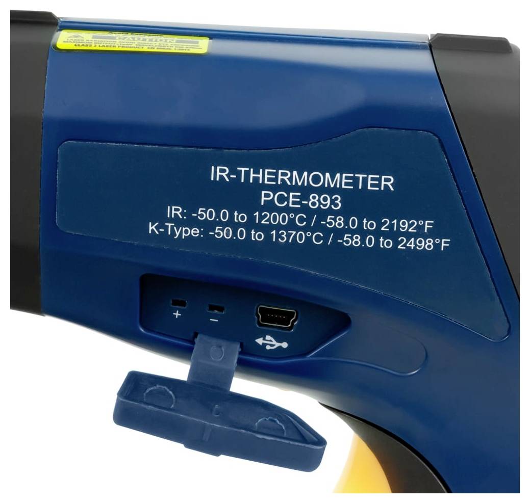 Blaues PCE-893 Infrarot-Thermometer mit Temperaturbereich-Beschriftungen und einem USB-Anschluss unter einer Schutzabdeckung.