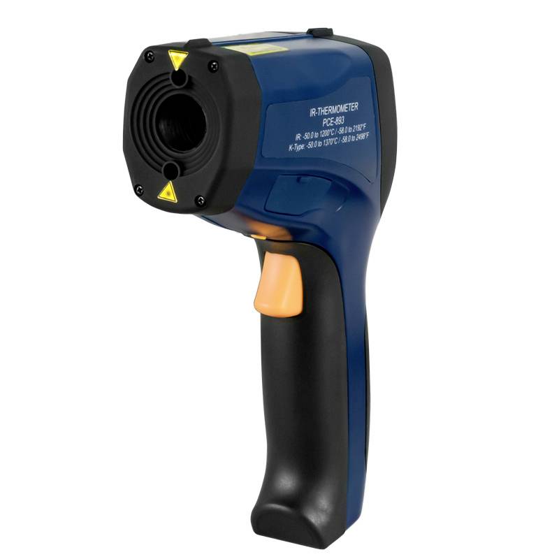 Ein Infrarot-Thermometer mit blauem Gehäuse und schwarzem Griff zur kontaktlosen Temperaturmessung.