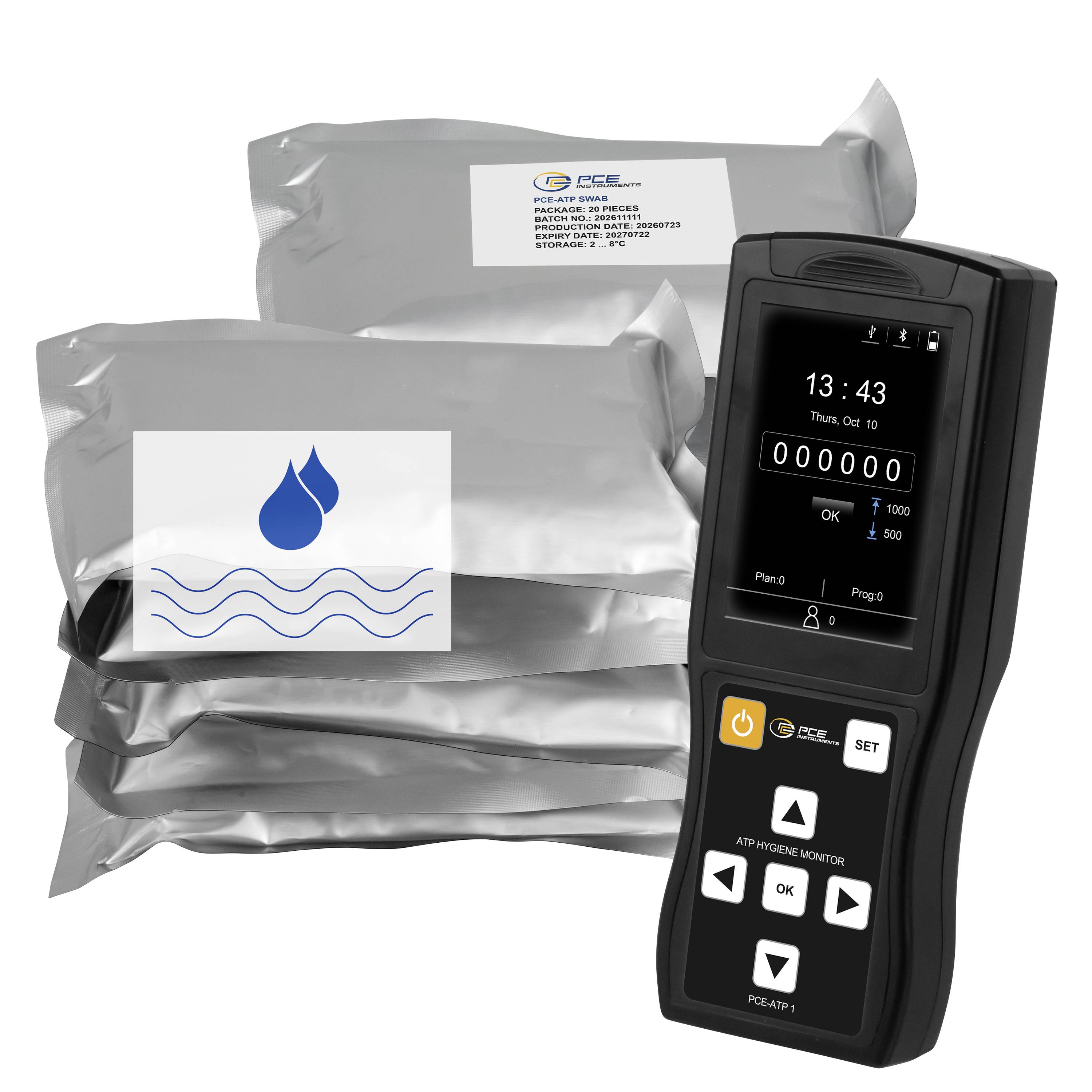 ATP-Hygiene-Monitor neben versiegelten sterilen Packungen, mit digitalem Display zur Anzeige von Zeit und Testergebnissen zur Sterilisierungsüberwachung.