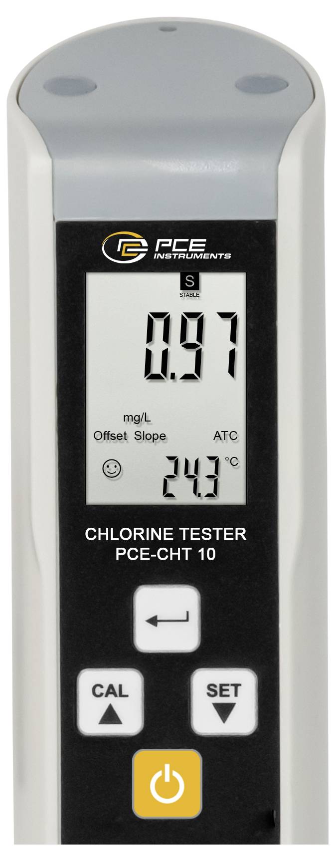 Tragbares Chlortestgerät mit digitaler Anzeige von 0,97 mg/L und 24,3°C, mit CAL-, SET- und Ein-/Aus-Tasten.