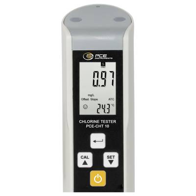 Tragbares Chlortestgerät mit digitaler Anzeige von 0,97 mg/L und 24,3°C, mit CAL-, SET- und Ein-/Aus-Tasten.