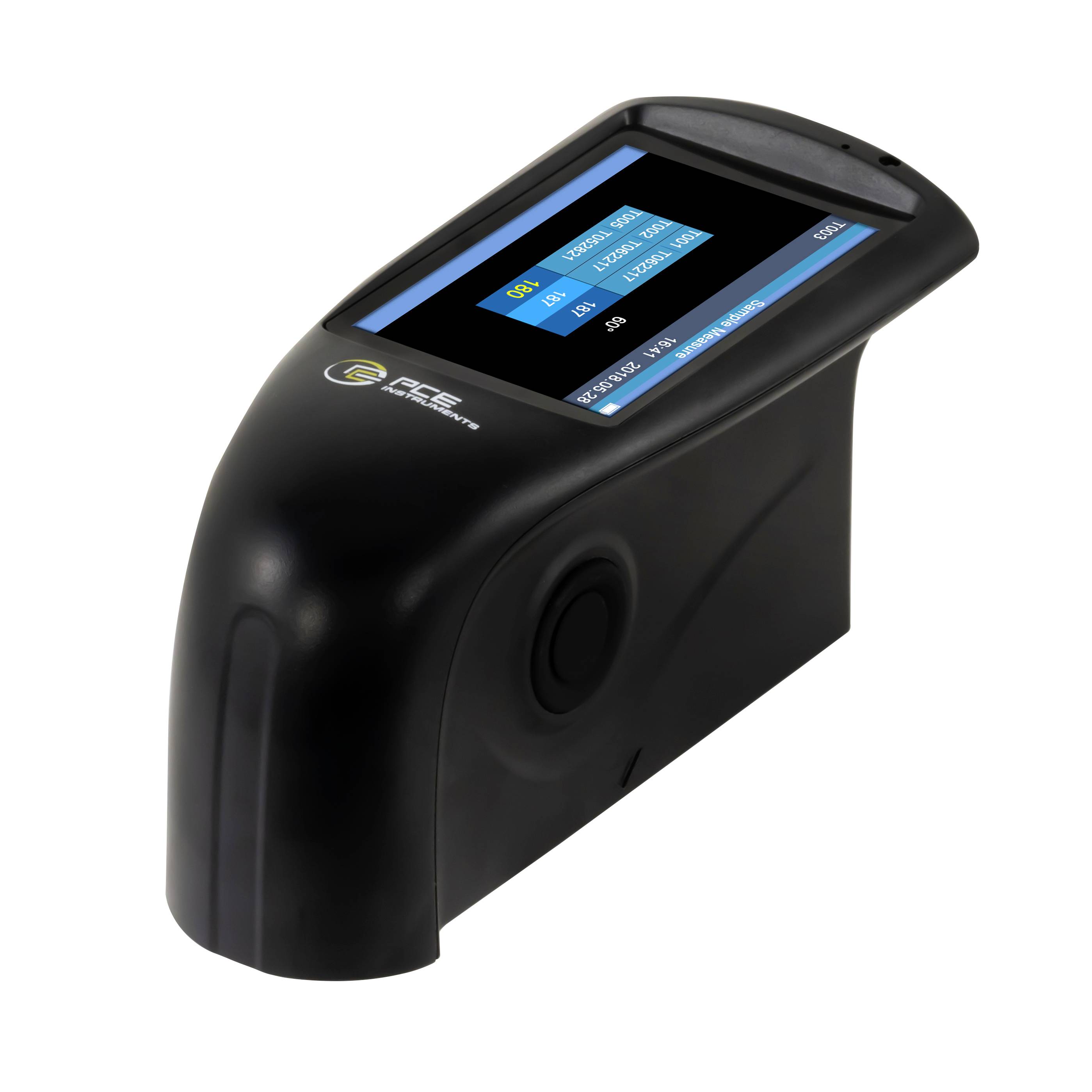 Schwarzes tragbares Farbmessgerät mit schrägem Touchscreen-Display und kreisförmiger Seitenöffnung, dargestellt auf weißem Hintergrund.