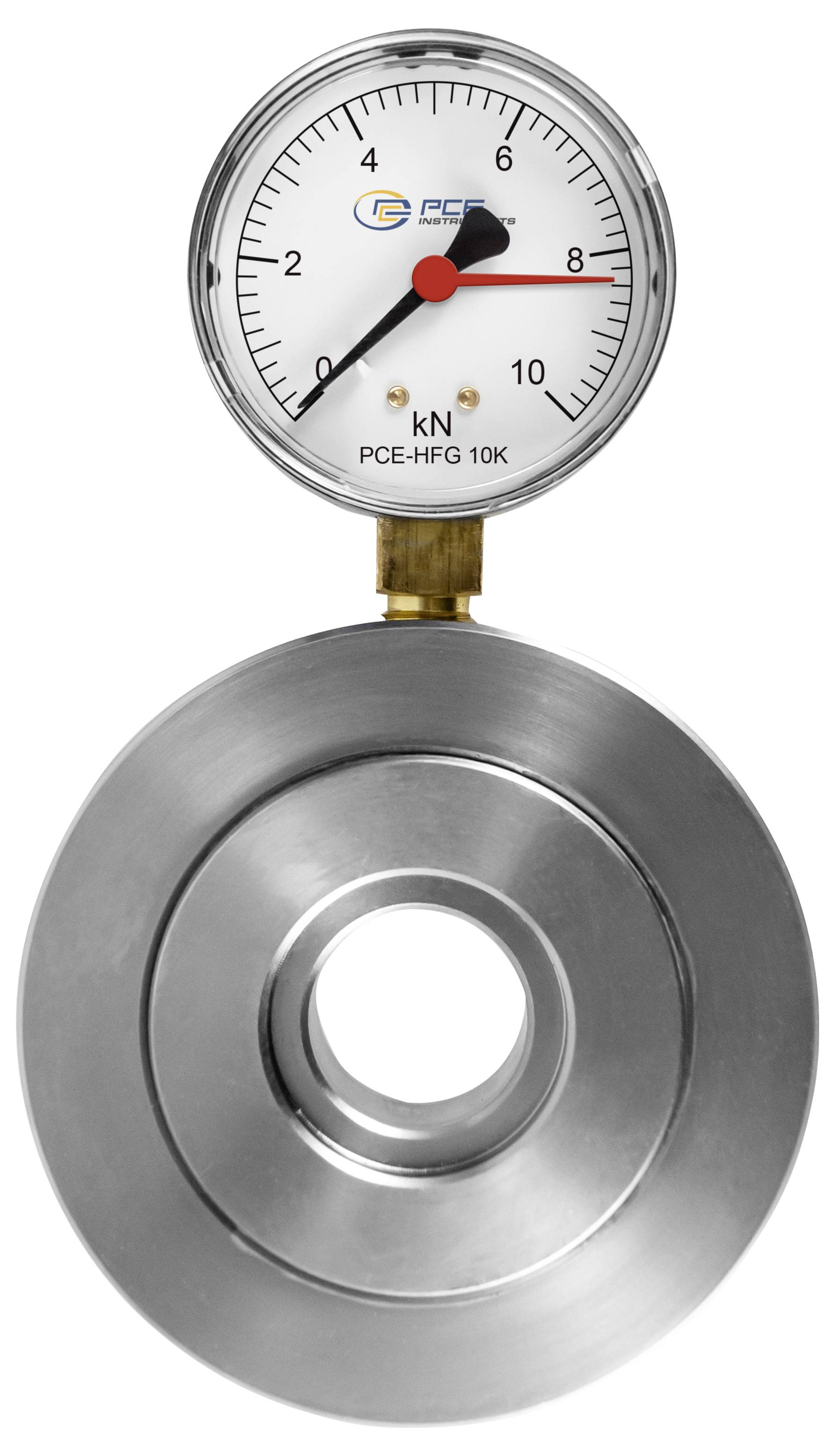 Analoges Kraftmessgerät mit Beschriftung in kN, angebracht an einer kreisförmigen Metallwägezelle, wobei die Nadel nahe bei 8 zeigt.