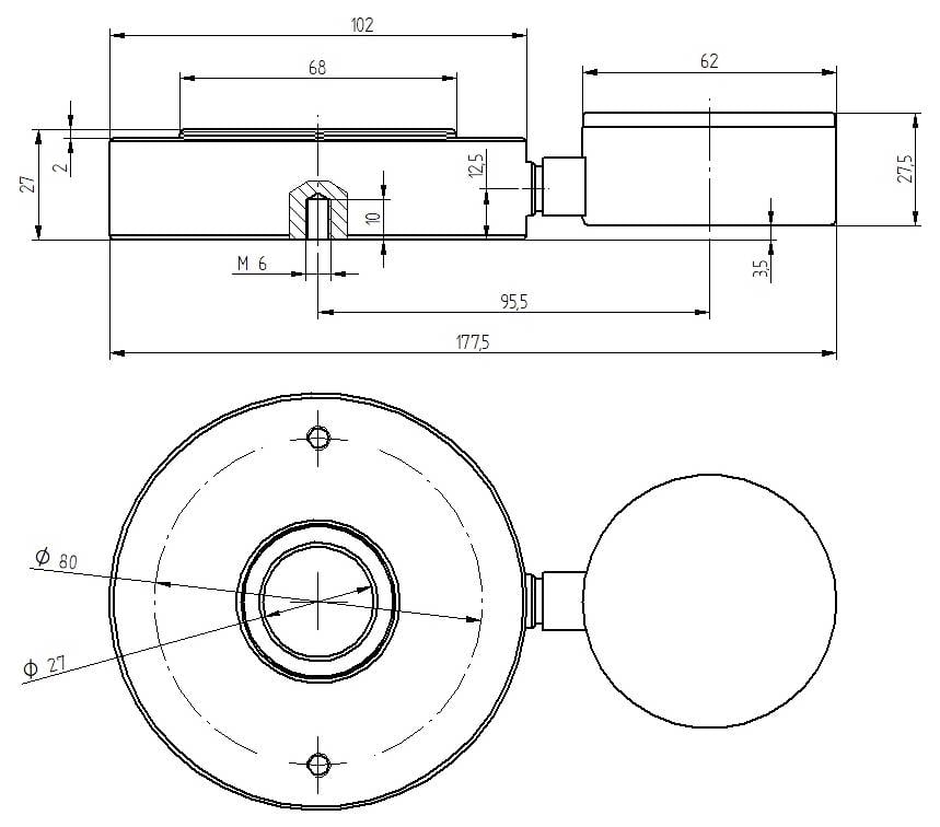 Technische Zeichnung eines runden mechanischen Bauteils mit angebrachtem zylindrischem Bedienknopf, die Draufsicht und Vorderansicht mit Abmessungen in Millimetern zeigt.