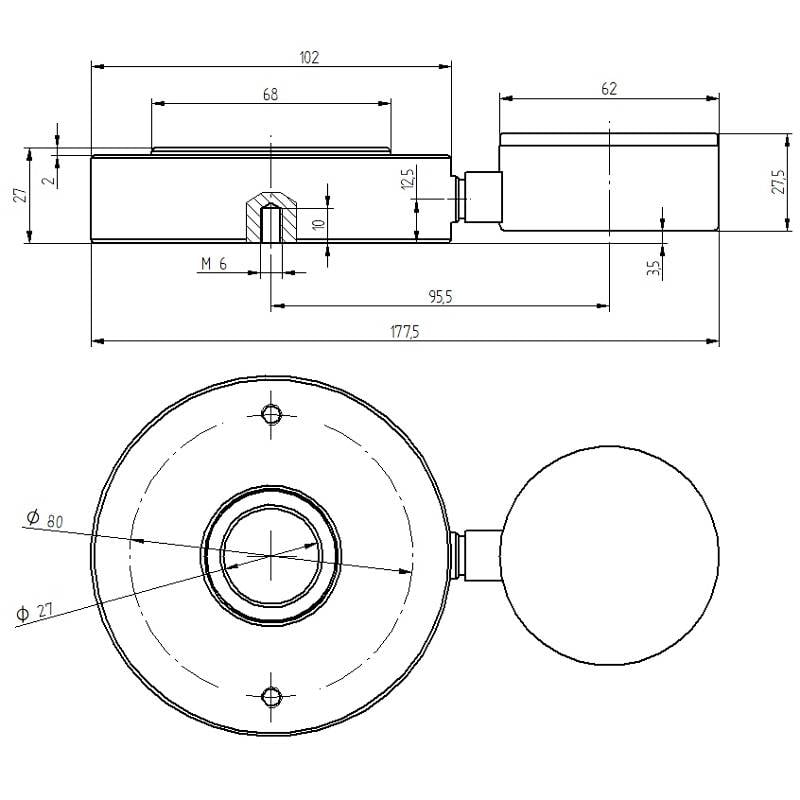 Technische Zeichnung eines mechanischen Bauteils mit Maßangaben. Obere Ansicht zeigt seitliche Details, untere Ansicht zeigt Draufsicht.