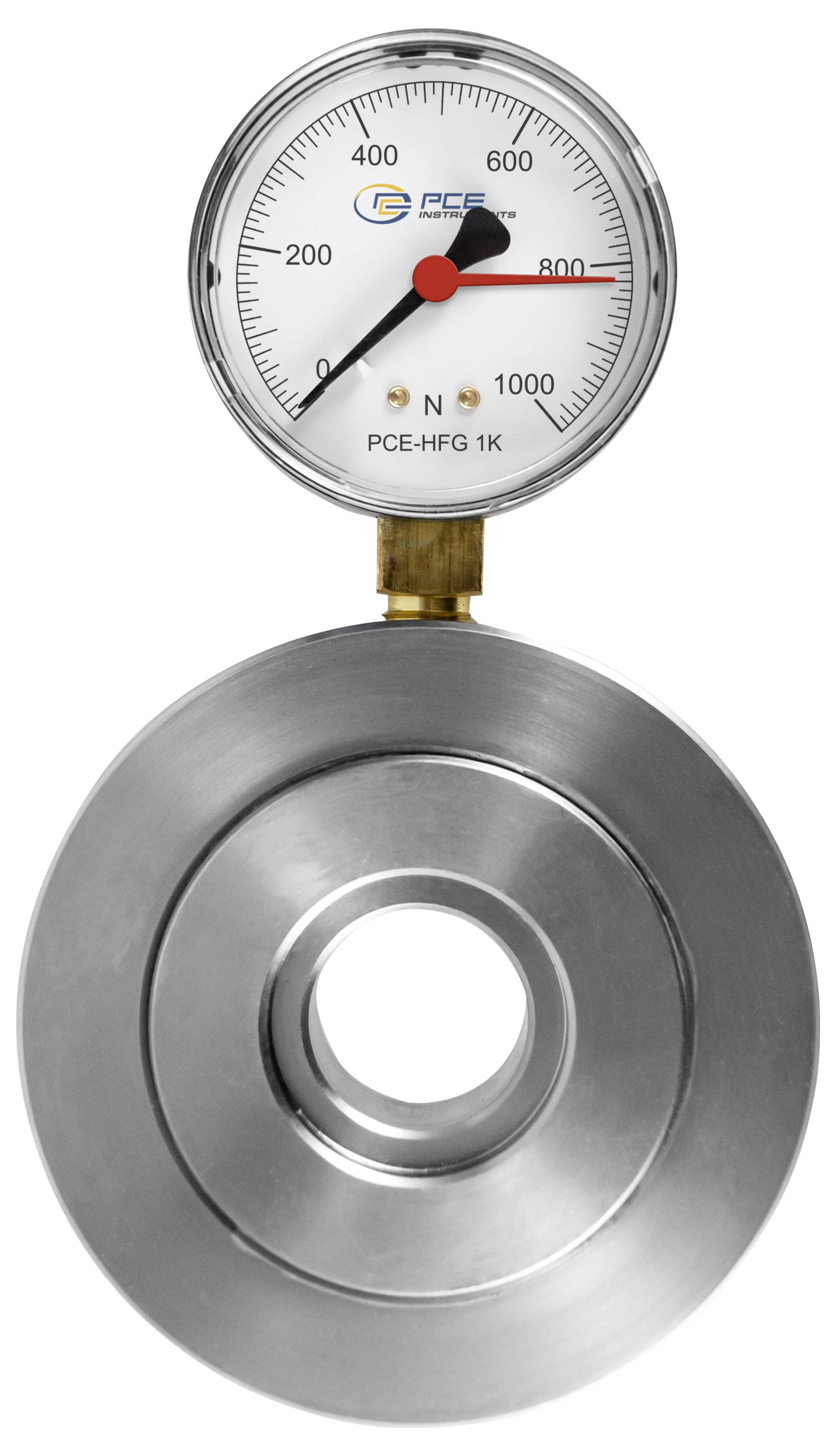 Analoges Druckmanometer über einem kreisförmigen Metallsensor montiert, das auf der Skala eine Anzeige von etwa 800 N aufweist.
