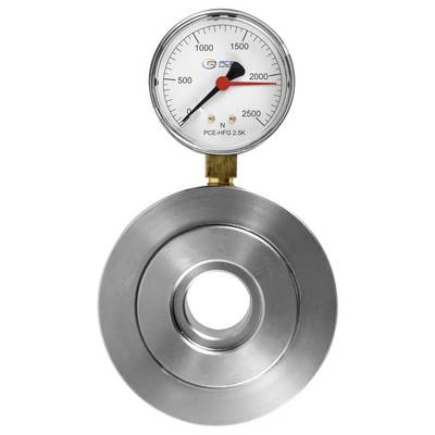 Druckmesser auf einem kreisförmigen Metallsensor montiert, zeigt eine Ablesung von etwa 2000 N auf einer Skala mit der Bezeichnung PCE-HFG 2.5K.