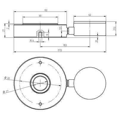 Technische Zeichnung eines kreisförmigen mechanischen Bauteils mit angebrachtem zylindrischem Knopf, zeigt Draufsicht und Seitenansicht sowie wichtige Abmessungen in Millimetern.