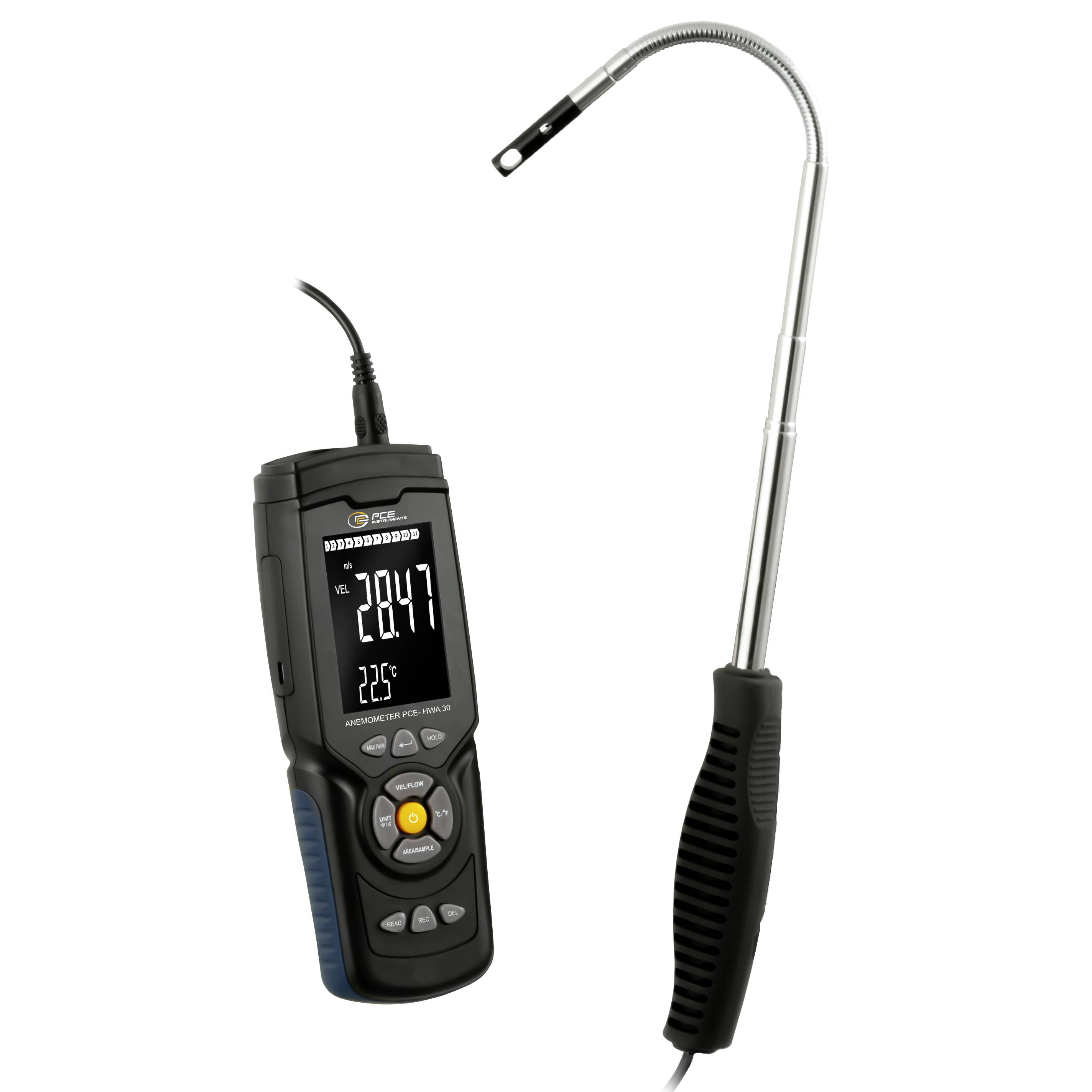 Tragbares digitales Thermometer mit flexibler Sonde, das auf seinem Display eine Anzeige von 28,47°C zeigt.