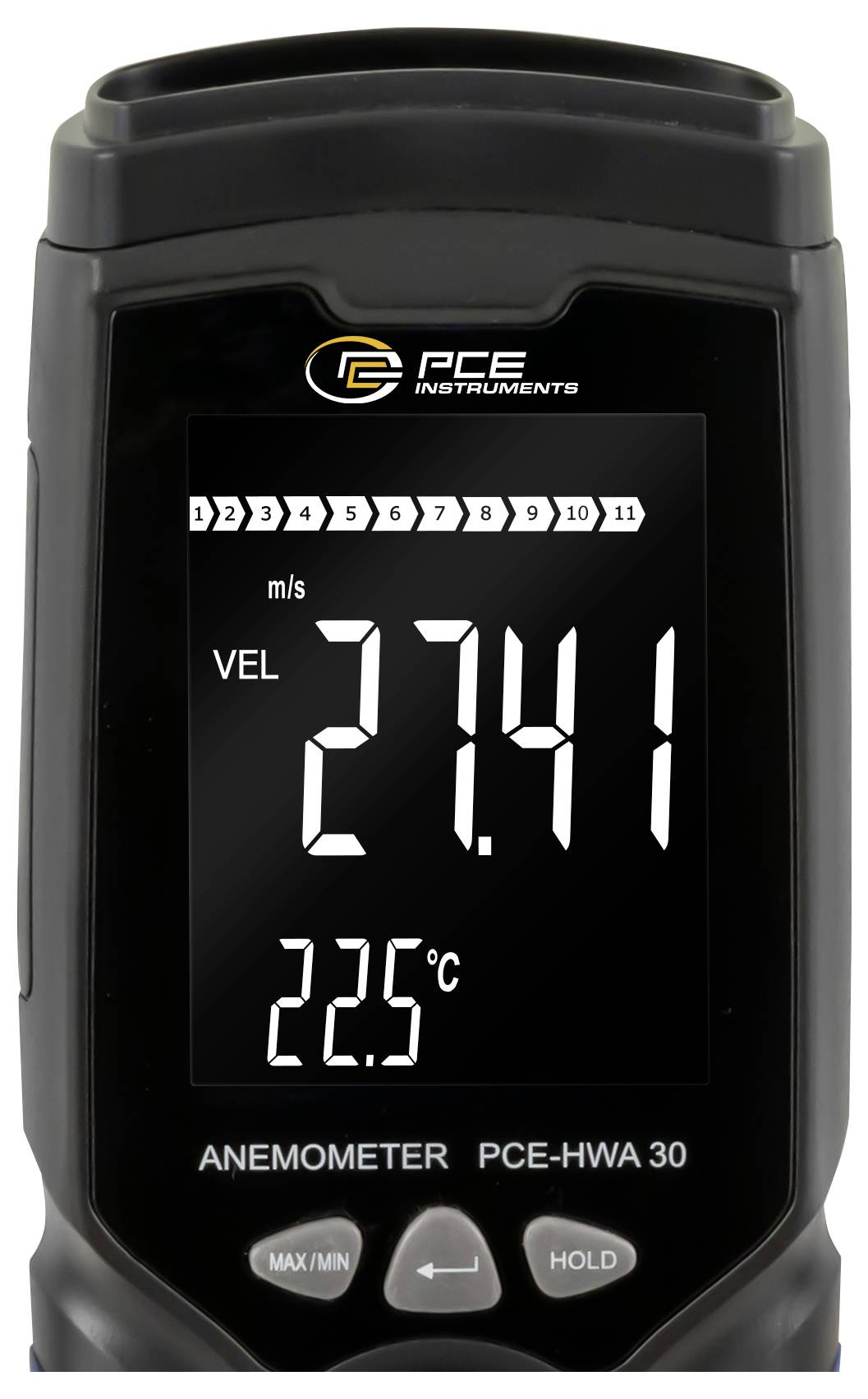 Tragbares PCE-Messinstrument-Anemometer-Display zeigt Windgeschwindigkeit 27,41 m/s und Temperatur 22,5°C an, mit sichtbaren Max/Min- und Hold-Tasten.