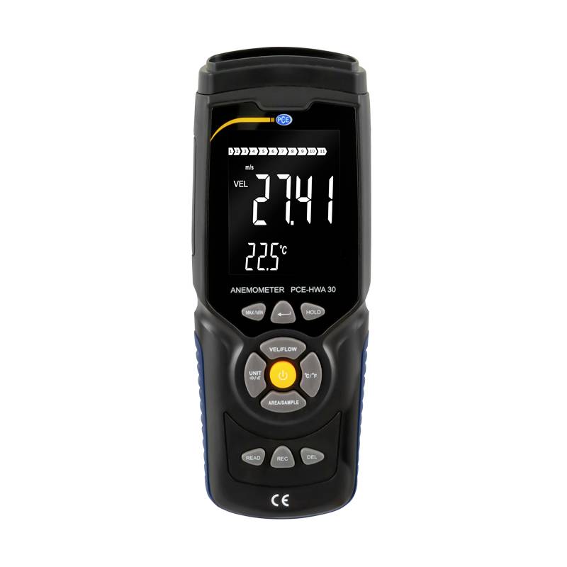 Ein digitales Anemometer mit Display zeigt die Werte '2741' und Temperatur '22,5°C'. Tasten zur Bedienung sind darunter sichtbar.