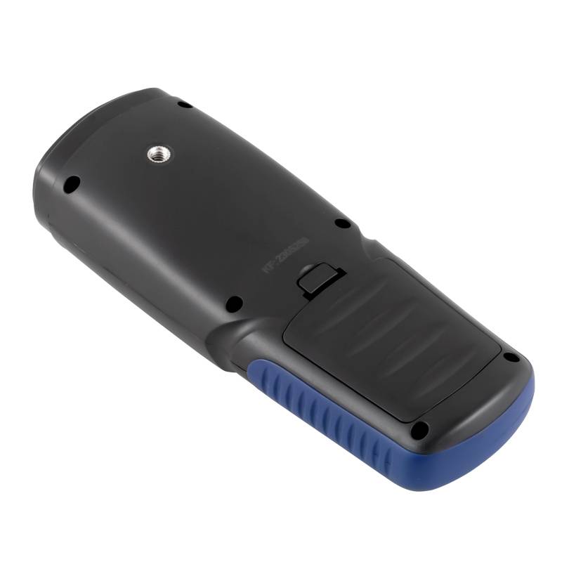 Rückansicht eines schwarzen, handgehaltenen elektronischen Geräts mit blauen Akzenten. Das Gehäuse hat eine ergonomische Form.