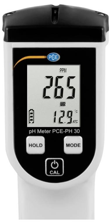 Tragbares PCE-pH-Messgerät mit Anzeige von 26,5 PPM und 12,9°C, mit Hold-, Mode- und Cal-Tasten.