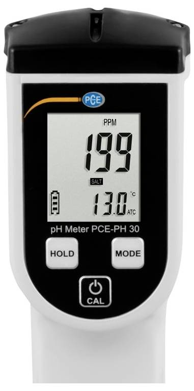 Digitales PCE PH 30 pH-Messgerät zeigt 1,99 pH, Salzlösungsmodus, 13,0°C ATC, mit Hold-, Mode- und Cal-Tasten.