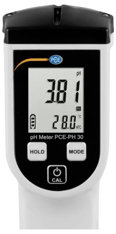 Tragbares digitales pH-Messgerät zeigt pH 3,81 und Temperatur 28,0°C an, mit sichtbaren Tasten HOLD, MODE und CAL.