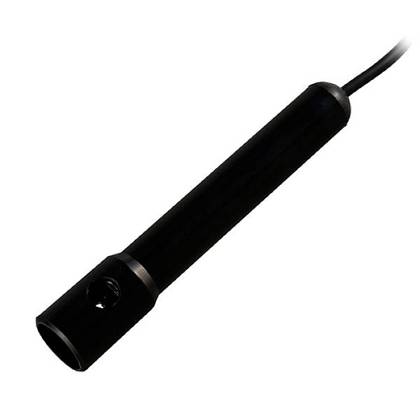 Schwarzer zylindrischer Sensor mit Kabel, möglicherweise für Messzwecke in wissenschaftlichen oder technischen Anwendungen.