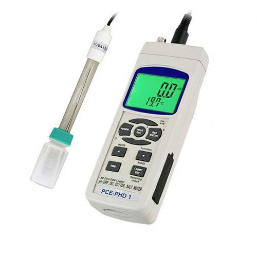 Tragbares digitales pH-Messgerät mit Sonde, zeigt ein grün beleuchtetes Display mit der Anzeige 0,0 pH und 19,7°C.