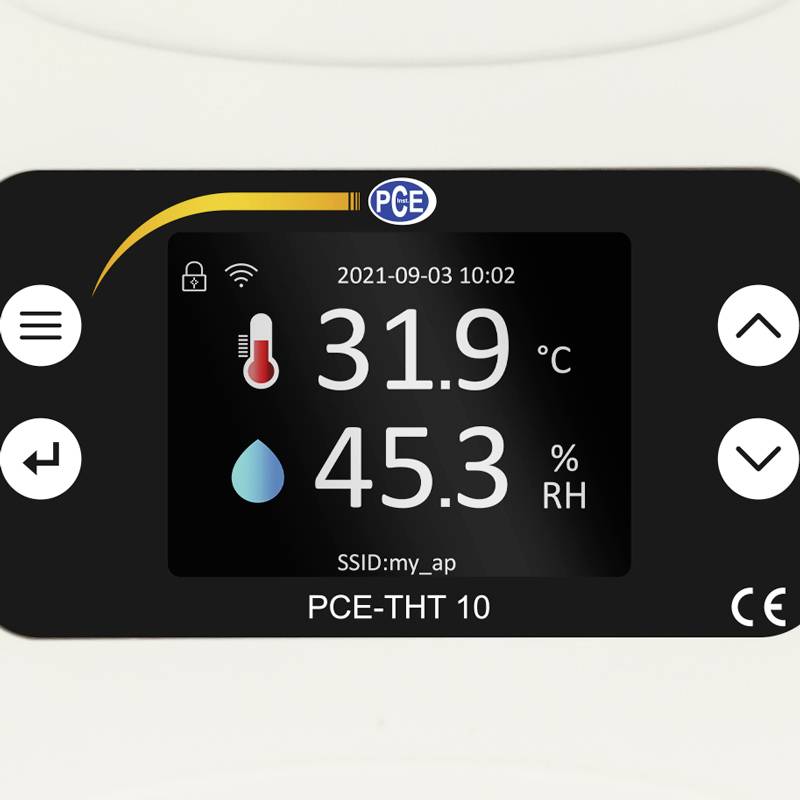 Ein Display zeigt Temperatur 31,9 °C und Luftfeuchtigkeit 45,3 % RH. Unten: SSID 'my_ap', Gerät 'PCE-THT 10'.