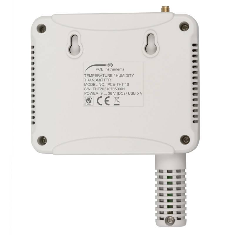Ein rechteckiges, weißes Gerät zur Temperatur- und Feuchtigkeitsmessung. Auf der Rückseite befinden sich Halterungen und technische Spezifikationen.