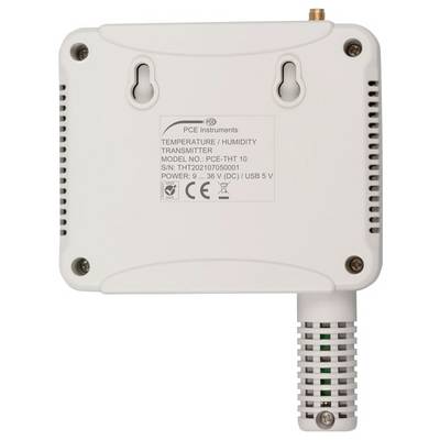 Rückansicht eines Temperatur-/Feuchtetransmitters von PCE Instruments mit Wandmontagesteckplätzen und einer nach unten verlängerten belüfteten Sonde.