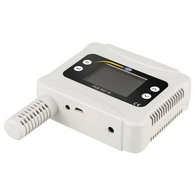Tragbares digitales Thermometer/Regler mit Display und Tasten, zeigt eine Sonde, die auf der linken Seite eines weißen Geräts angeschlossen ist.