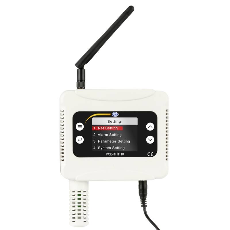 Ein elektronisches Gerät zur Temperatur- und Feuchtigkeitsmessung mit digitalem Display. Eine Antenne ragt nach oben.