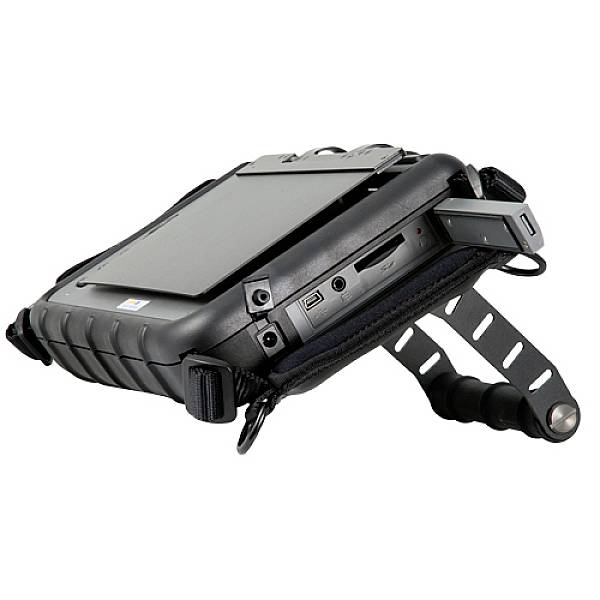 Ein strapazierfähiger Tablet-Computer mit robustem Gehäuse und Tragegriff, ausgelegt für den Einsatz in anspruchsvollen Umgebungen.