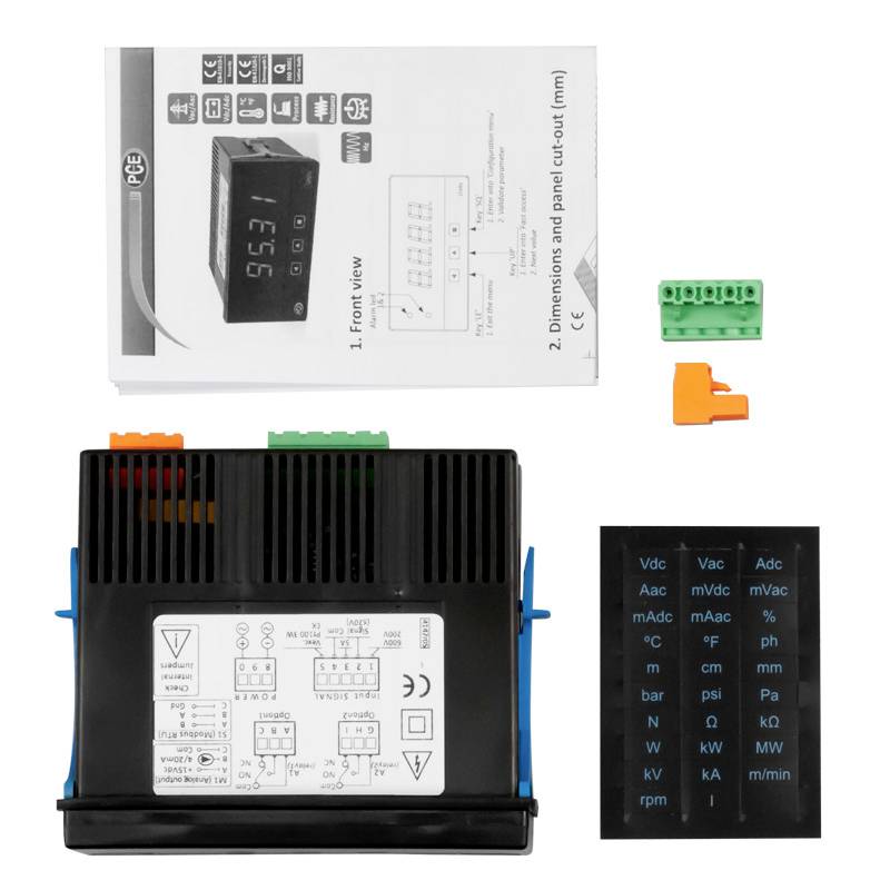 'Elektronisches Gerät mit Bedienungsanleitung, Klemmleiste und Montageteilen. Vorderansicht zeigt digitales Display mit Zahlenanzeige.'