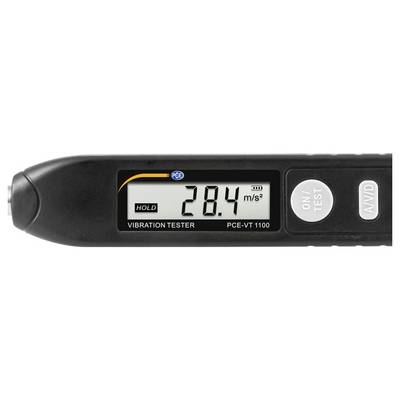 Tragbares Vibrationsprüfgerät-Display zeigt 28,4 m/s² an, mit HOLD-Status und ON/TEST- sowie AV/D-Tasten.